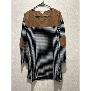 Umgee Women's L Striped Faux Suede Tunic Dress Elbow Patches Cabin Lagenlook